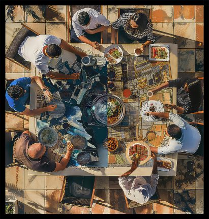 a digital image of people eating together around a table