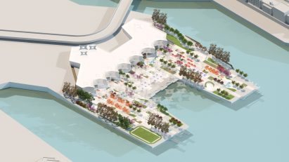 a diagram of a white building design on a waterfront