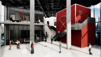 a visualisation of an exhibition space in tones of grey, red and white