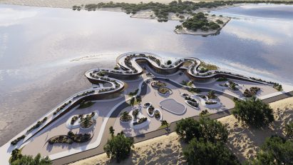 a visualisation of a curved building structure on a waterfront