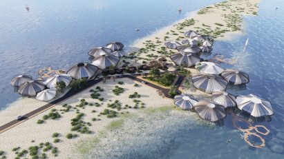 a visualisation of sphere-like buildings on a coast