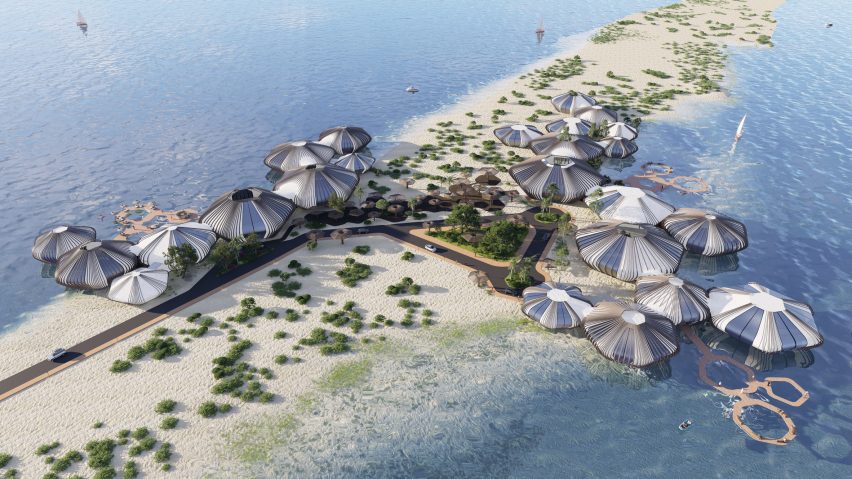a visualisation of sphere-like buildings on a coast
