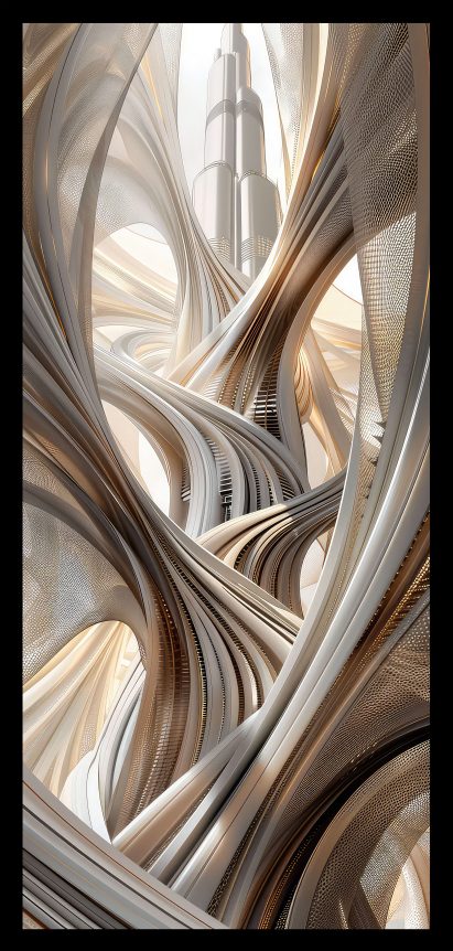 a digital image showing an abstract building in tones of beige and white