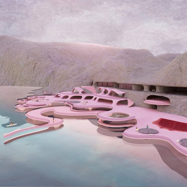 a visualisation of a pink building structure on a waterfront