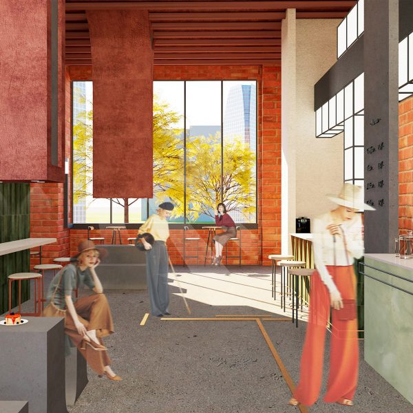 a visualisation of an exhibition space in tones of red, grey and white