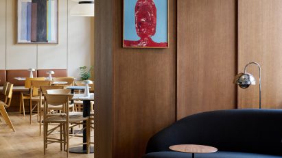 Wood-panelled lobby at Copenhagen hotel