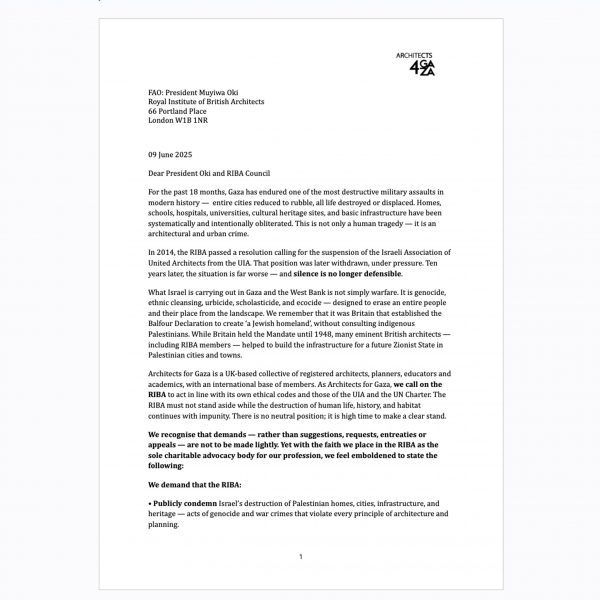 Architects for Gaza letter