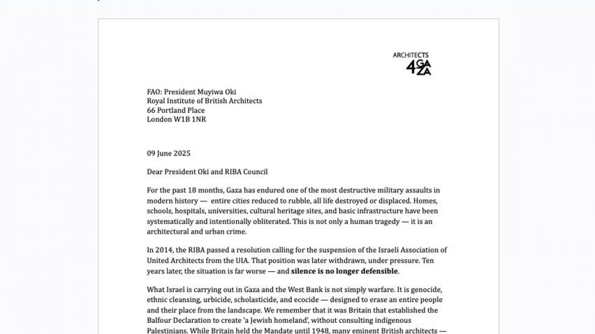Architects for Gaza letter