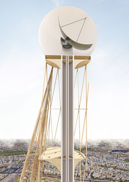 a visualisation of a satelite in tones of beige and white above a city skyline