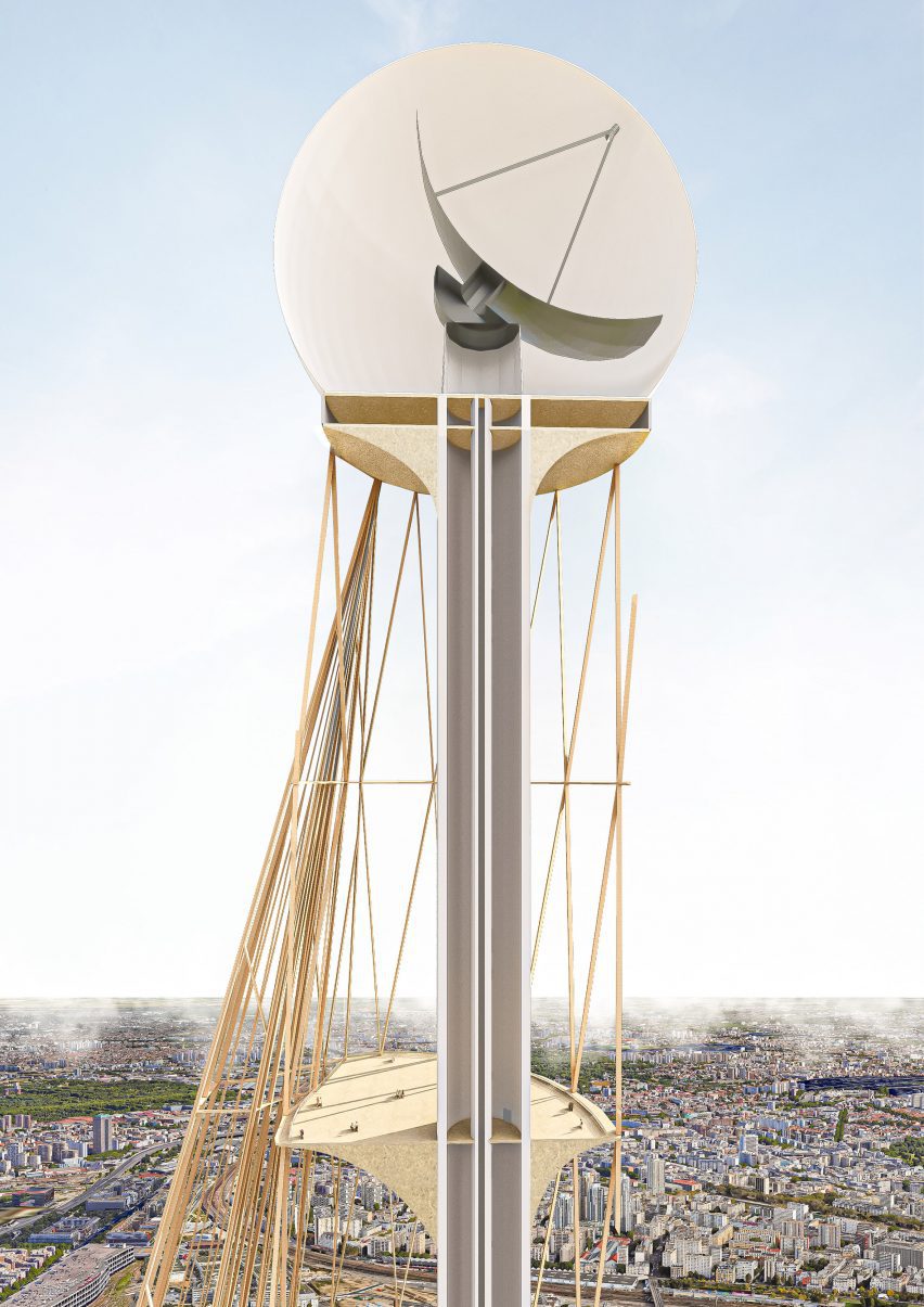 a visualisation of a building in tones of beige and white above a city sjyline