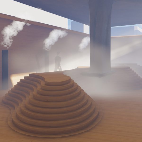 a visualisation of a pavilion in tones of brown