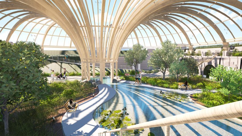 a visualisation of a building with glass walls and ceilings, and trees inside