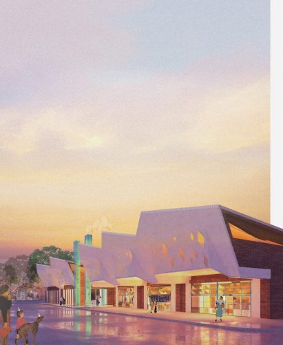 a visualisation of a building in tones of purple and yellow