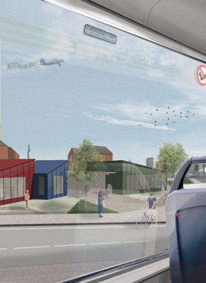 a visualisation of an arts centre in tones of red, blue and green