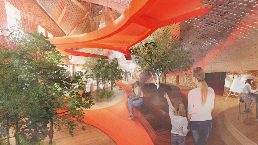 a visualisation of an interior in tones of orange and brown with green trees