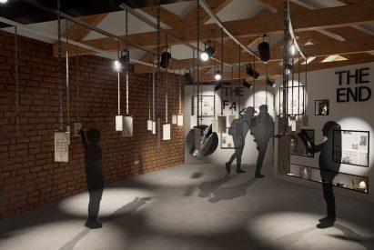 a visualisation of an exhibition space in tones of brown and grey