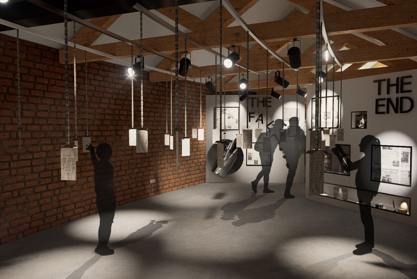 a visualisation of an exhibition space in tones of brown and grey