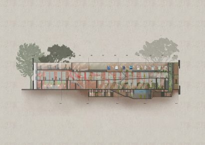 a visualisation of a building in tones of beige, orange and blue