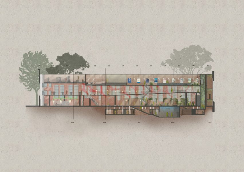 a visualisation of a building in tones of beige, orange and blue
