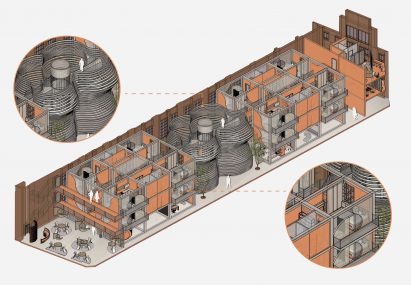 a visualisation of a medical centre in tones of orange and black