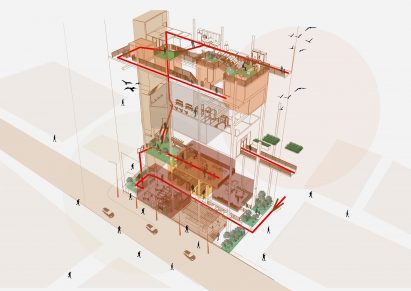 a visualisation of a building design in tones of orange and brown