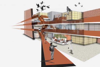 a visualisation of a building in tones of brown and grey