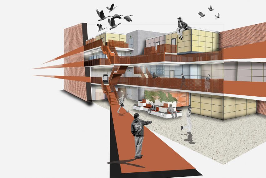 a visualisation of a building proposal in tones of rown and grey