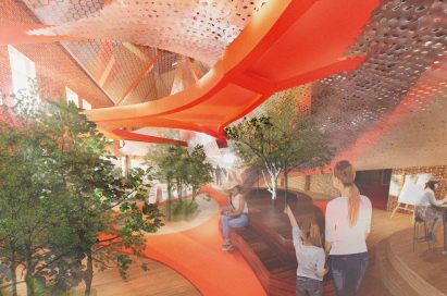 a visualisation of an interior in tones of orange with green trees in the space