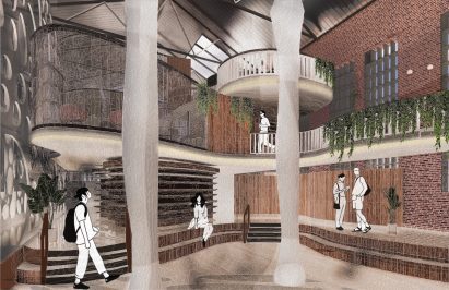 a visualisation of an interior in brown tones with white pillars in its centre