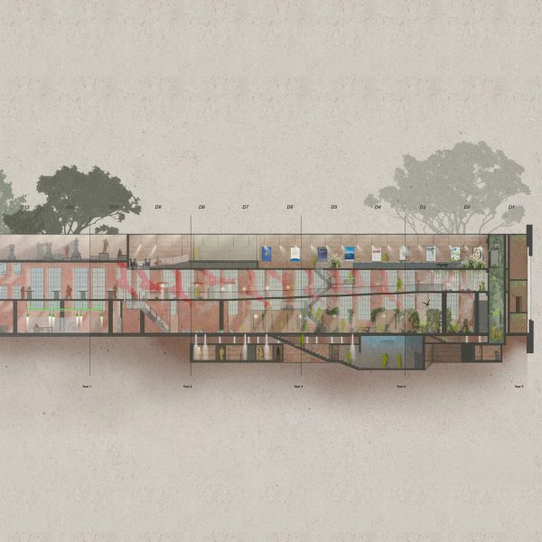 a visualisation of a building in tones of beige, orange and blue