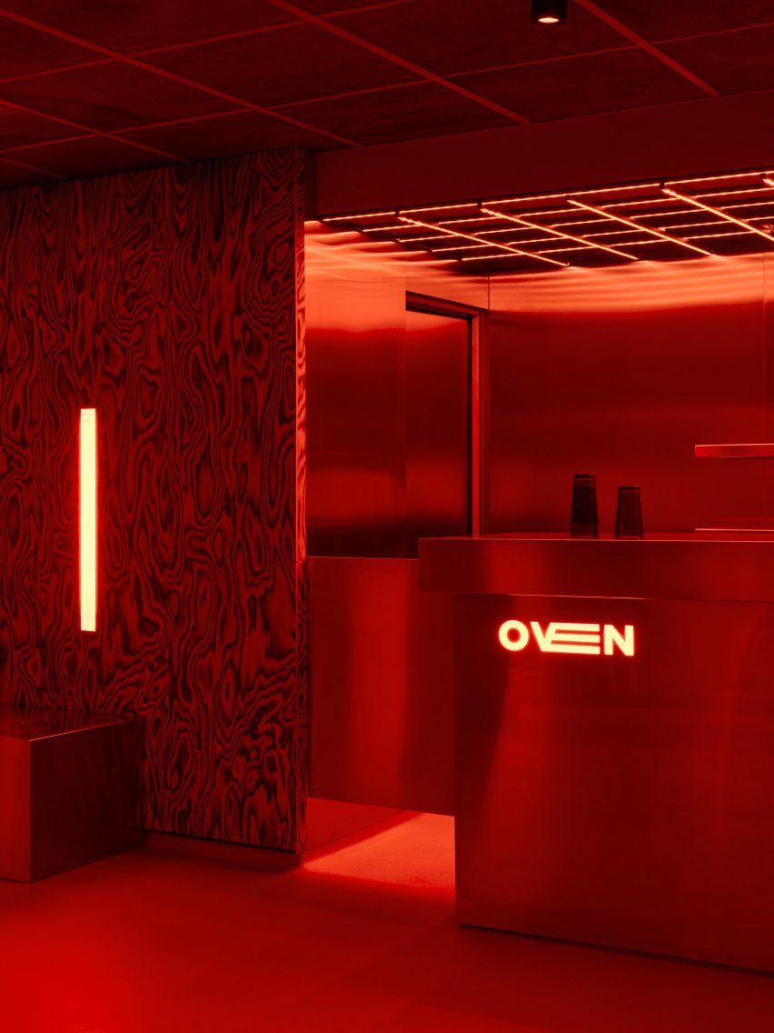 Red-lit nightclub interior