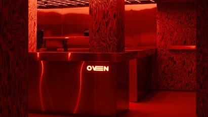 Red-lit nightclub interior