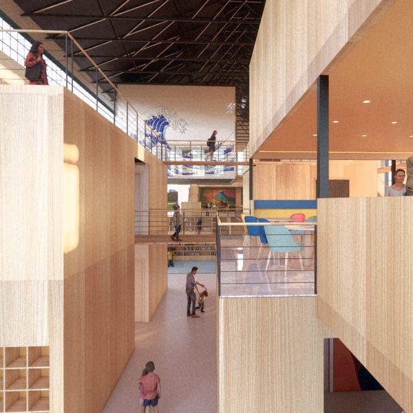 a visualisation of a children's library in beige tones