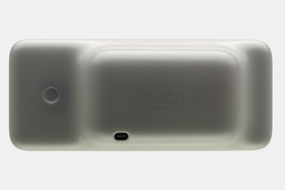 Image of the back of the Dream Recorder showing a smooth tablet with curved edges and a protuberance forming a stand