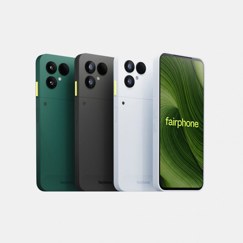 Image of the Fairphone 6 in all three colours – Forest Green, Horizon Black and Cloud White – along with a second white phone facing front to show the OLED screen