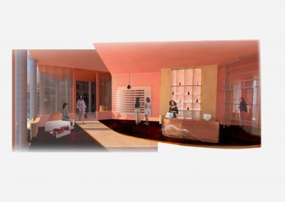 a visualisation of an interior in tones of pink