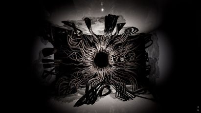 an image of an art installation in tones of black