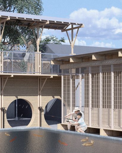 a visualisation of a housing complex in tones of beige and blue