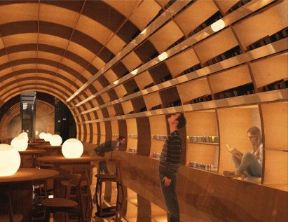 a visualisation of an orange interior in a railway tunnel