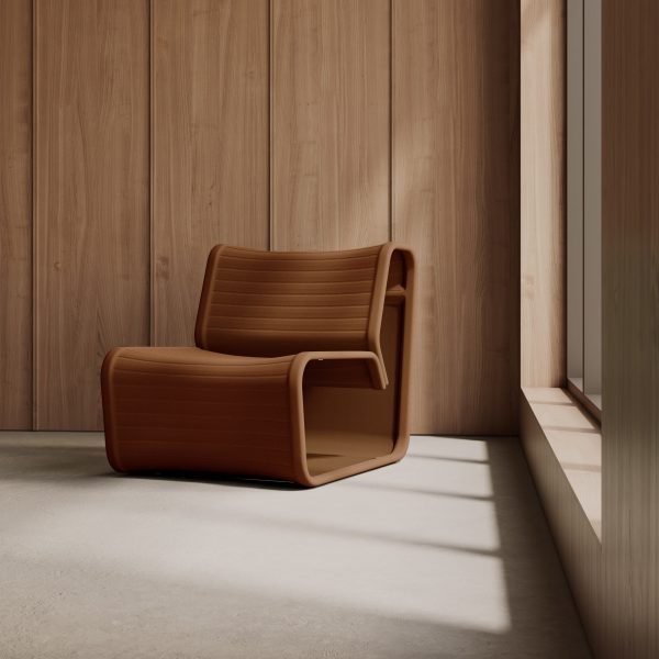 Image of a Knit One seating unit by Isomi, seen in partial profile so as to reveal the open side view
