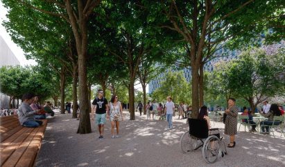 People walking under trees