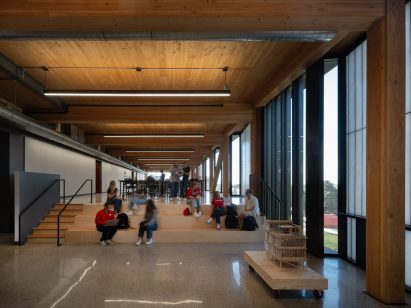 Interior of UNL CoArch pavilion with mass timber roof adn walls