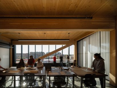 Wooden interior of class room at UNL College of Architecture