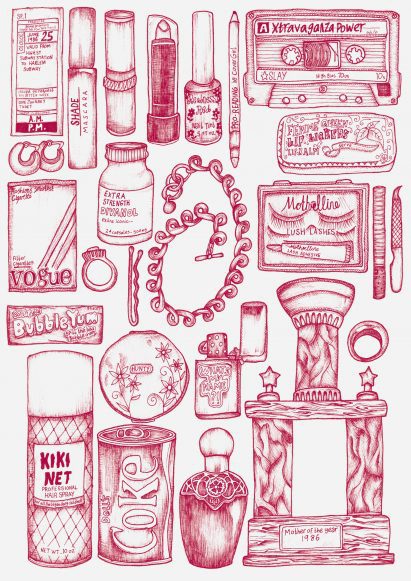 multiple illustrations of objects in red, against a white backdrop