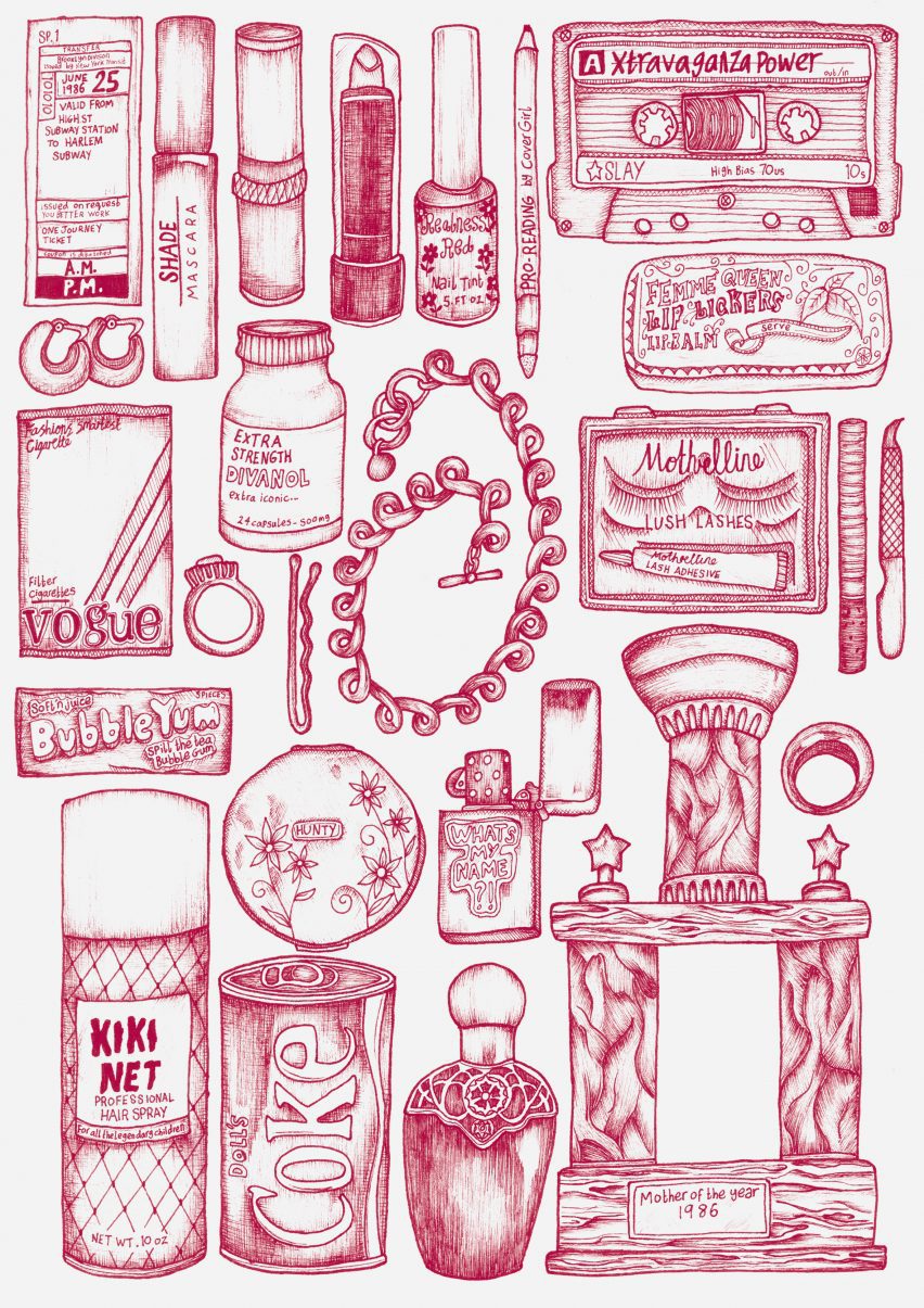 multiple illustrations of objects in red, against a white backdrop