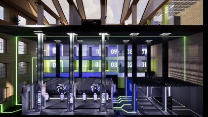 a visualisation of an interior in tones of purple and green
