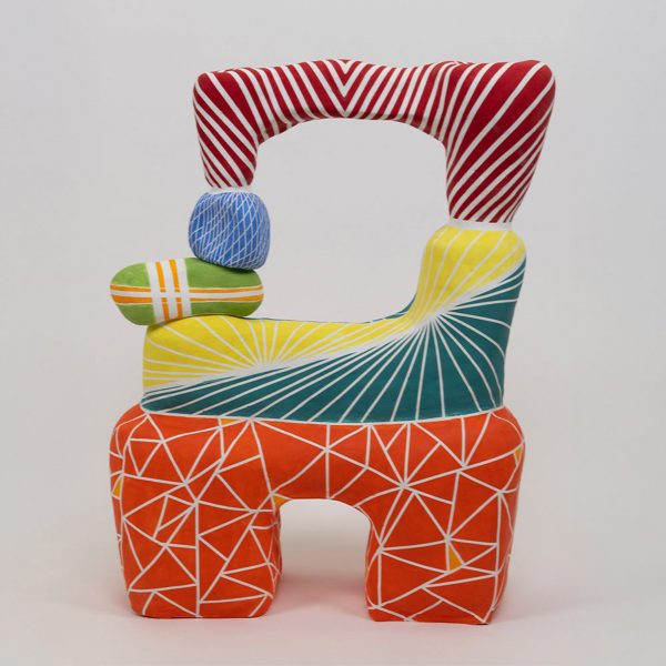 an abstract model in tones of orange, blue, yellow, red and green