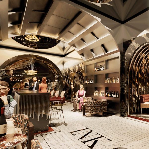 an interior of a member's club in tones of brown and beige