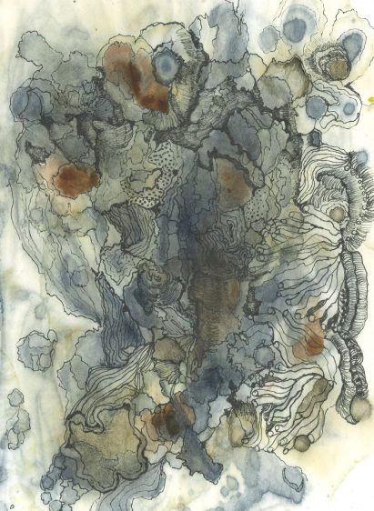 an abstract illustration in tones of blue, green and brown