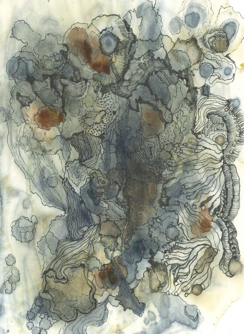 an abstract illustration in tones of blue, green and brown